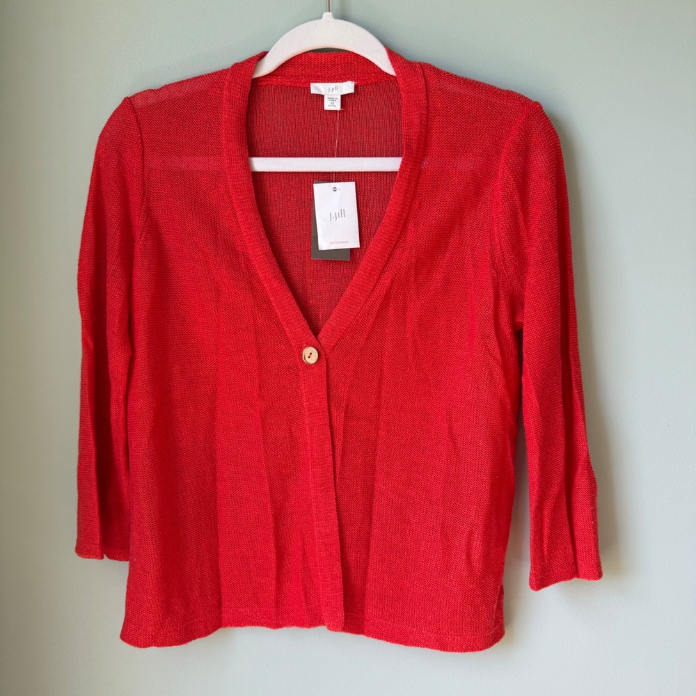 J. Jill Cardigan Sweater Papaya Red Linen Blend V-Neck 3/4 Sleeve XSP Petite